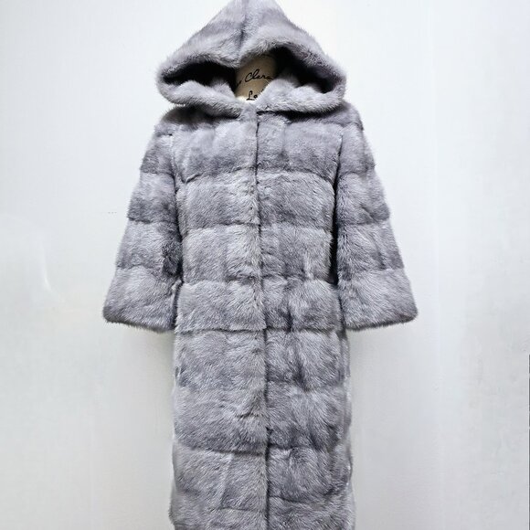 New Real MINK Fur Coat Jacket Blazer Stroller Paneled Sapphire Blue Iris Hooded